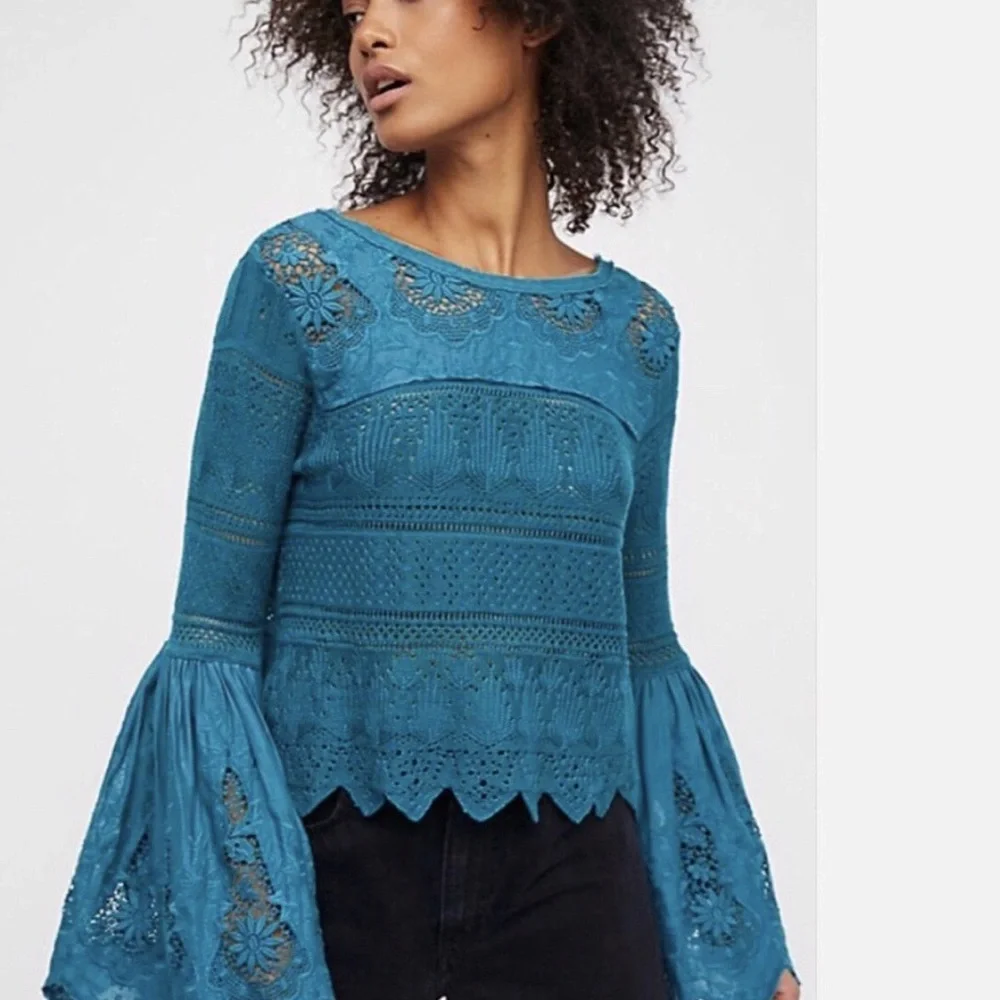 Free People Teal Lace Crochet Long Sleeve Blouse